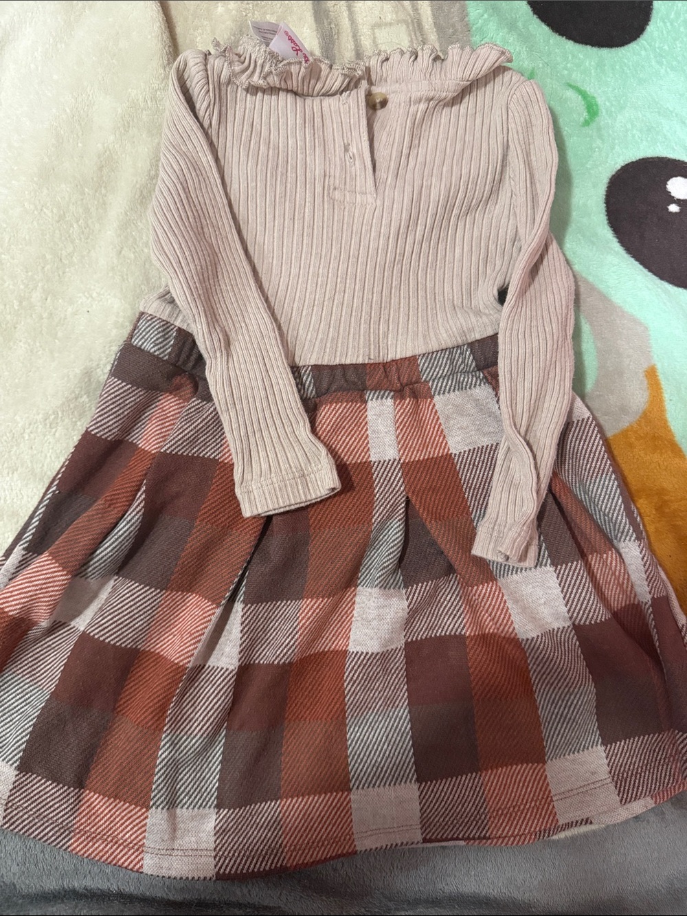 Girls Beige Ruffle Knit Top with Rust Plaid Skirt Dress - Picture 2 of 2